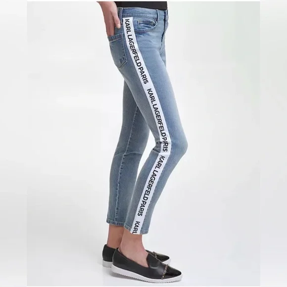 NWT. Karl Lagerfeld Paris Light Blue Skinny Jeans with Side Logo - Picture 1 of 6
